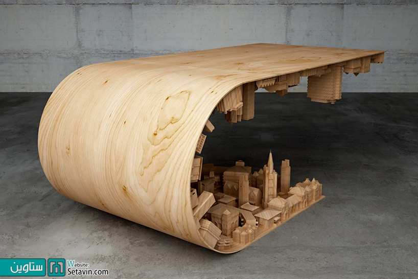 ترکیب واقعیت با طرحی مواج از شهر در یک میز قهوه خوری