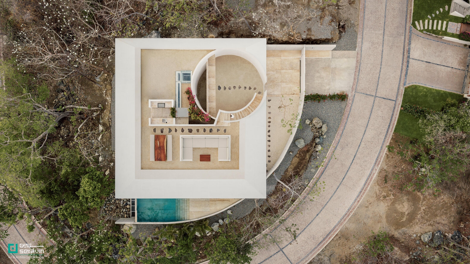 معماری خانه مالونیک در سیهواتانخو مکزیک اثر HW-STUDIO؛ بازتعریف مرزهای فضای سکونتی با حیاط دایره‌ای، سادگی بومی و همنشینی سایه و افق اقیانوس.