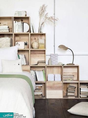 قرار دادن کتابخانه یا یا سایر فضاهای ذخیره سازی در بدنه پشتی تختخواب به عنوان سرتخت