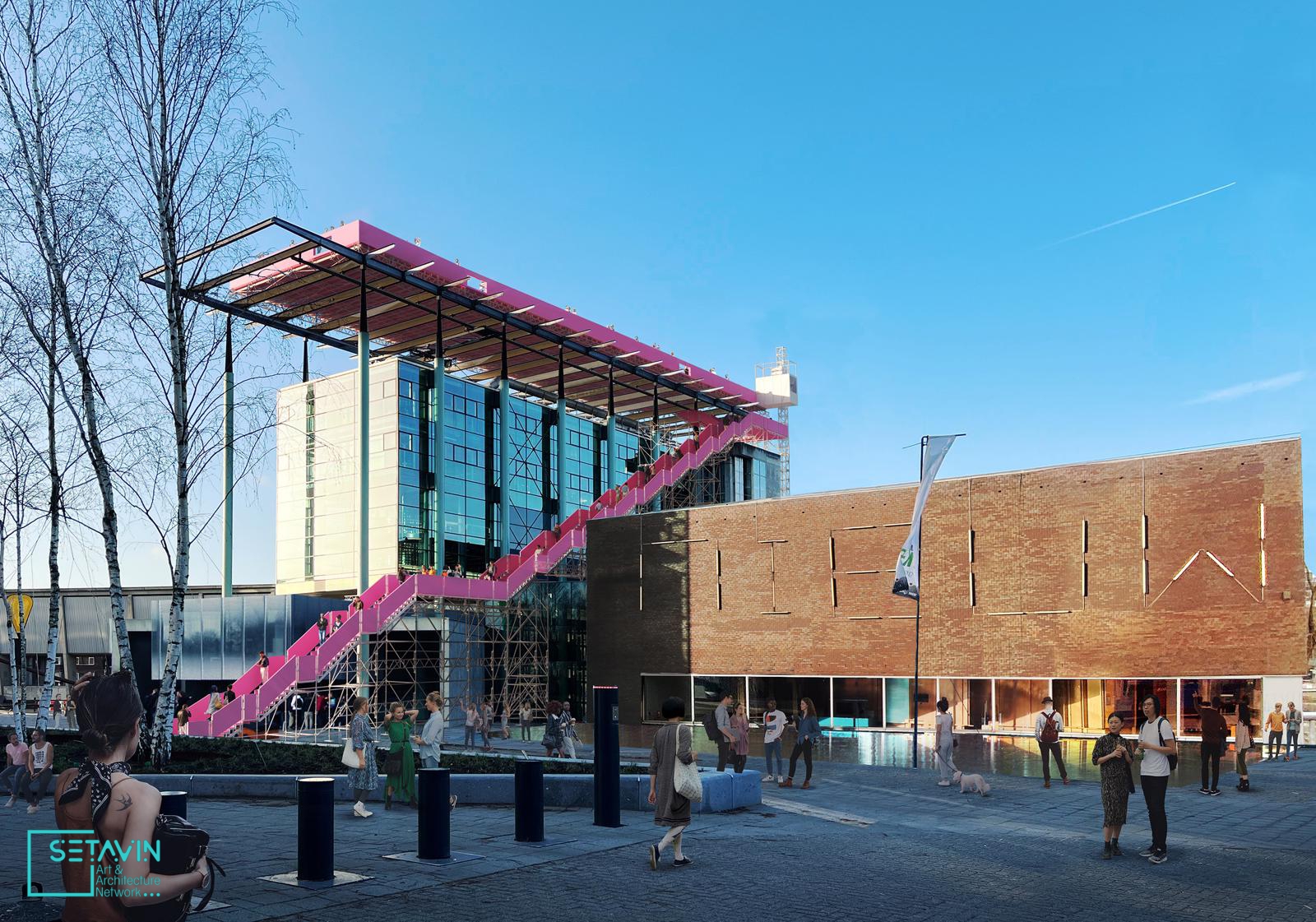 طراحی یک پشت بام صورتی موقت برای موسسه het nieuwe در روتردام توسط MVRDV