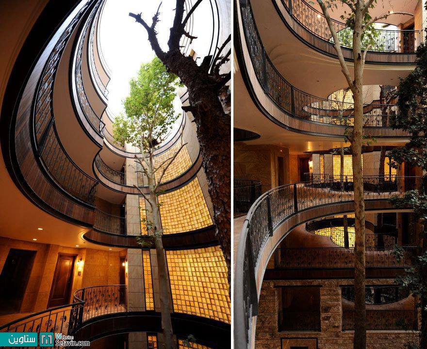 ترکیب هوشمندانه ساختمان با درختان در مجتمع مسکونی نیاوران