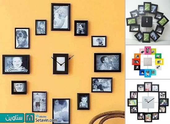 تزیین دیوار با قاب عکسها به شکل ساعت
